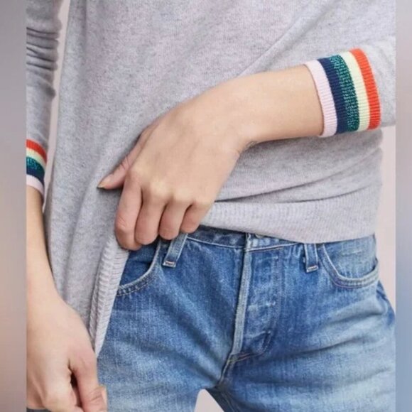 Needle Anthropologie Cashmere Crew Neck Sweater w/ Varsity Multicolor Stripe L - Picture 10 of 10